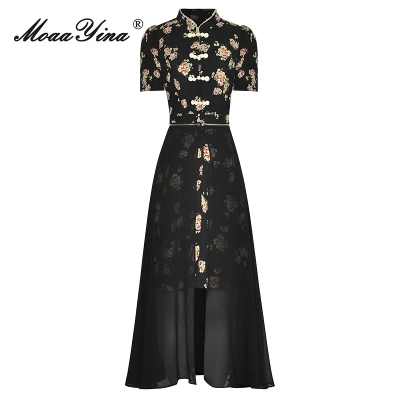 MoaaYina Summer Fashion Designer Women Long Dress Vintage Black Flower Print Stand Collar Nail Bead Button Chiffon Spliced Dress
MoaaYina Summer Fashion Designer Women Long Dress Vintage Black Flower Print Stand Collar Nail Bead Button Chiffon Spliced Dress