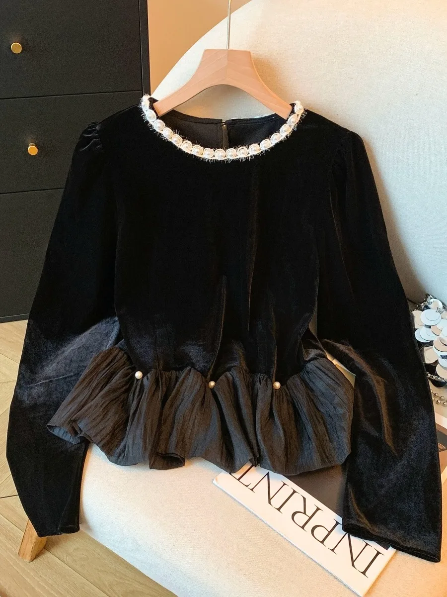 Color Block Velvet Long Sleeve Women's Shirt Spring Autumn 2026 New Style Pleated Hemline Blouse Elegant Black Top
Color Block Velvet Long Sleeve Women's Shirt Spring Autumn 2026 New Style Pleated Hemline Blouse Elegant Black Top