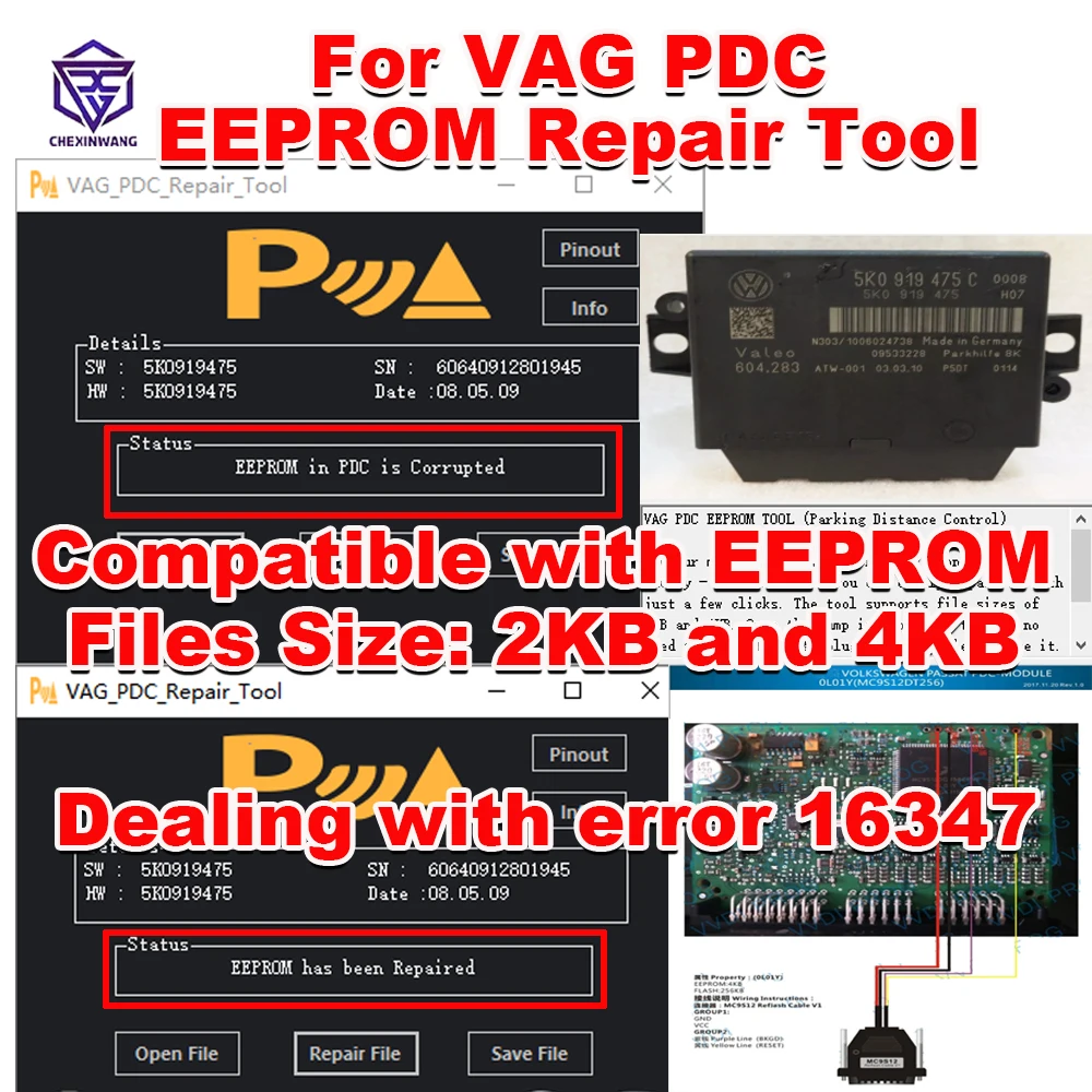 For VAG PDC EEPROM Repair Tool For Valeo Units For Passat Dealing with error 16347 Compatible with EEPROM Files of 2KB & 4KB
For VAG PDC EEPROM Repair Tool For Valeo Units For Passat Dealing with error 16347 Compatible with EEPROM Files of 2KB & 4KB