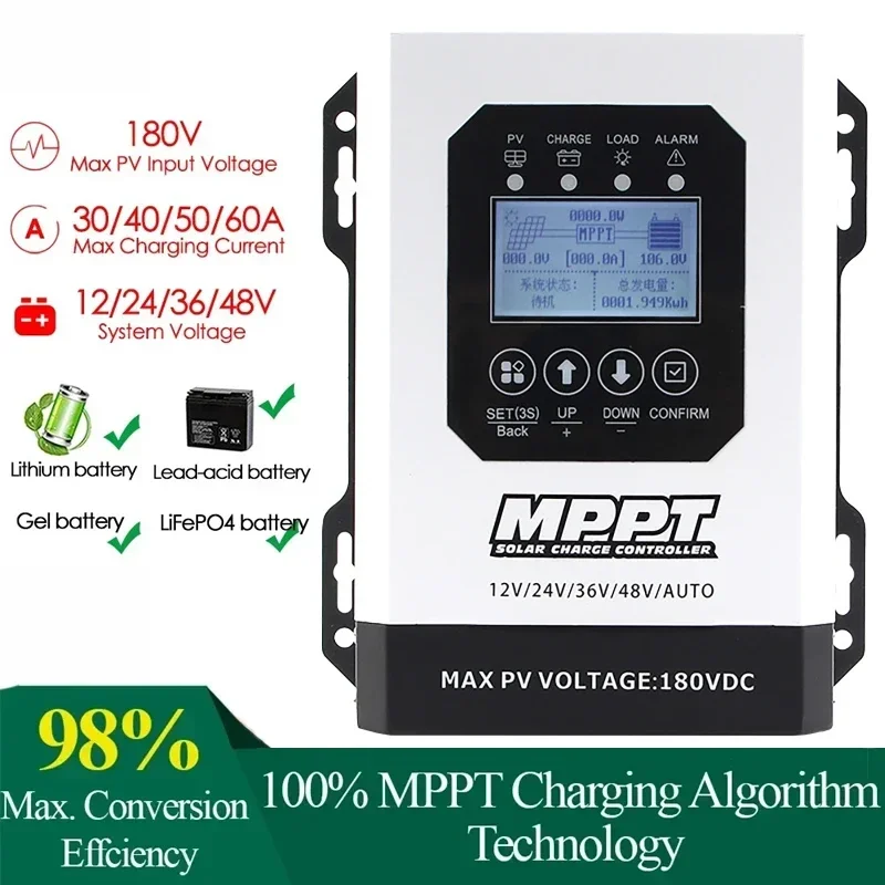 12V-48V Max. 180VDC MPPT Solar Charge Controller 30A/40A/50A/60A Panel Battery Regulator LCD USB for Lifepo4 Lead Acid Lithium
12V-48V Max. 180VDC MPPT Solar Charge Controller 30A/40A/50A/60A Panel Battery Regulator LCD USB for Lifepo4 Lead Acid Lithium
