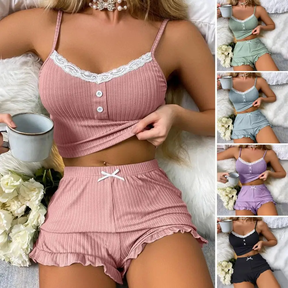Summer Women Pajama Set Two-piece Pajamas Elegant Lace Trimmed Women's Pajama Set with Ruffle Hem Cami Top Button Loungewear
Summer Women Pajama Set Two-piece Pajamas Elegant Lace Trimmed Women's Pajama Set with Ruffle Hem Cami Top Button Loungewear