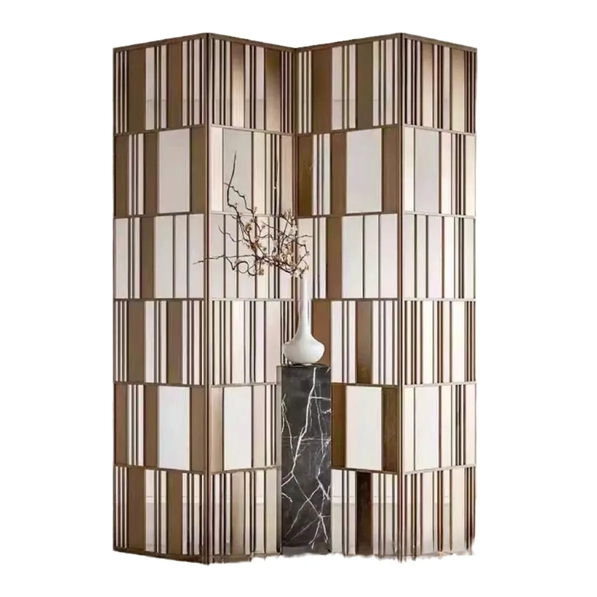 Hotel lobby, lattice hollow carved metal grille, background wall, light luxury and simple
Hotel lobby, lattice hollow carved metal grille, background wall, light luxury and simple