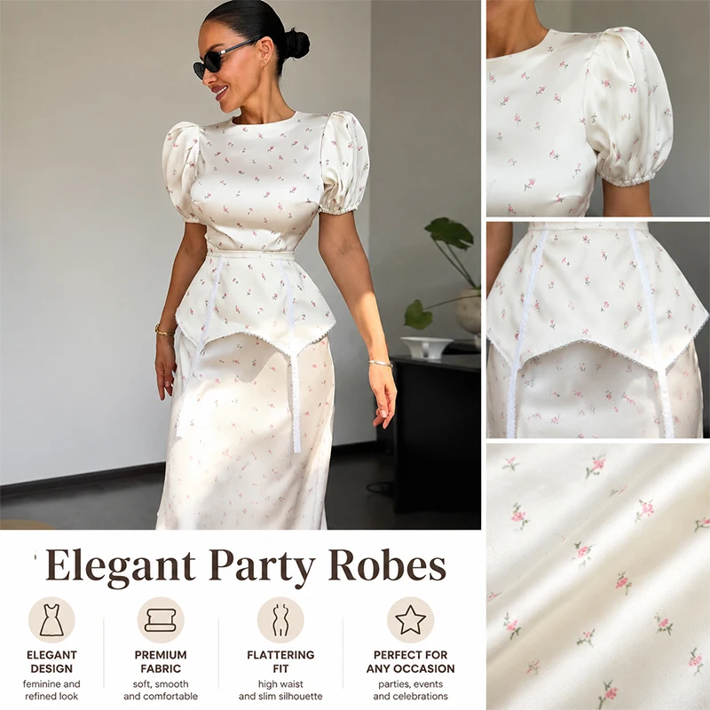 Elegant White Floral Print Satin Maxi Dress Women Puff Sleeve Ruffle Hem Party Wedding Guest Dress With Belt A Line Robe
Elegant White Floral Print Satin Maxi Dress Women Puff Sleeve Ruffle Hem Party Wedding Guest Dress With Belt A Line Robe