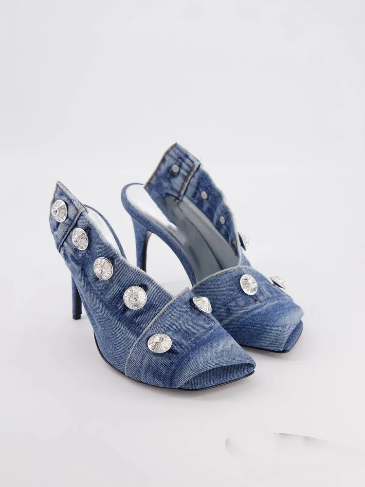 Denim Bling Crystal Metal Buttom Peep Toe Outdoor Summer Women Slippers Stiletto High Heel Slip On Design Large Size Shoes
Denim Bling Crystal Metal Buttom Peep Toe Outdoor Summer Women Slippers Stiletto High Heel Slip On Design Large Size Shoes
