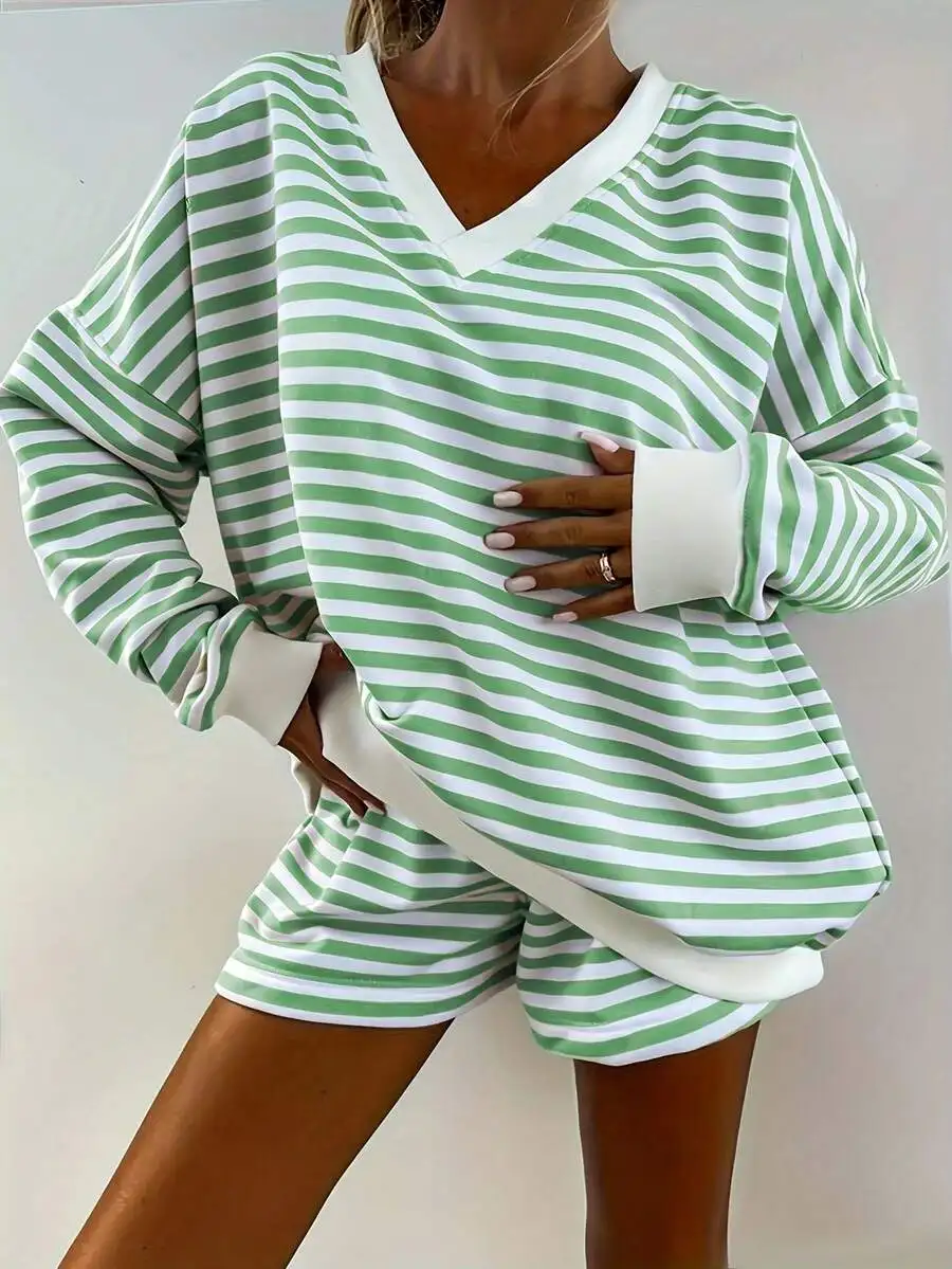 2-Piece Womens Striped Pajama Set V-Neck Long Sleeve Shorts Comfortable Casual Sleepwear
2-Piece Womens Striped Pajama Set V-Neck Long Sleeve Shorts Comfortable Casual Sleepwear