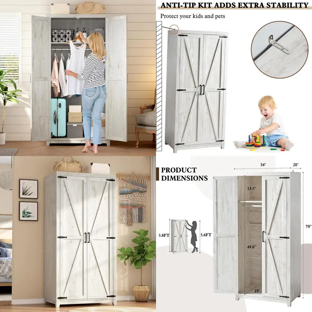 70 Double Wooden Armoire Wardrobe Set with Hanging Rods and Barn Doors, Tall Bedroom Storage Cabinets in Distressed White
70 Double Wooden Armoire Wardrobe Set with Hanging Rods and Barn Doors, Tall Bedroom Storage Cabinets in Distressed White
