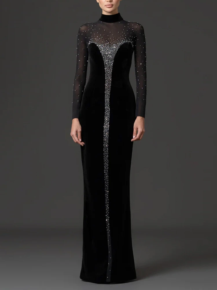 Sexy Long Sleeves Mesh Rhinestones Patchwork Long Dress Women Black Velvet Shiny Diamonds Slim Dresses Evening Party Gowns
Sexy Long Sleeves Mesh Rhinestones Patchwork Long Dress Women Black Velvet Shiny Diamonds Slim Dresses Evening Party Gowns