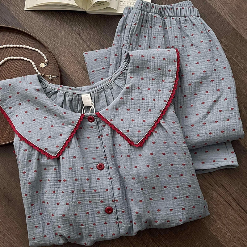 Women's Two-piece Set Cute Polka Dot Doll Collar Sleepwear For Ladies Spring Autumn New Loose Long Sleeved Pants Home Suit
Women's Two-piece Set Cute Polka Dot Doll Collar Sleepwear For Ladies Spring Autumn New Loose Long Sleeved Pants Home Suit