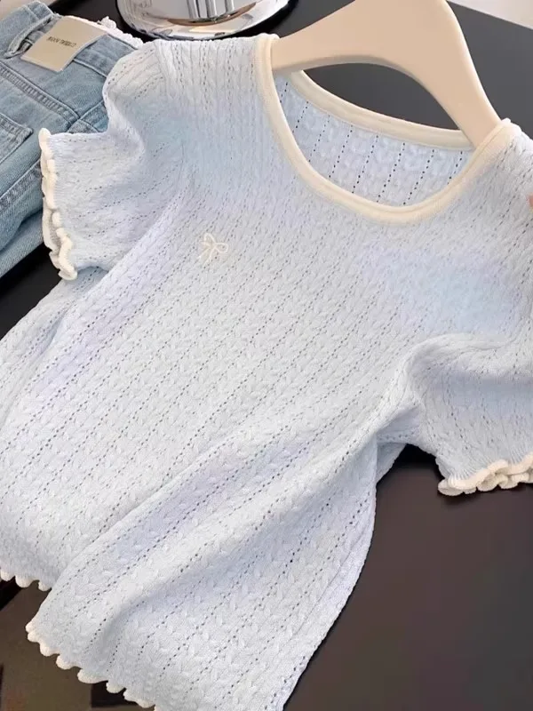 Новинка: Женский топ больших размеров из вязаного ледяного шелка с вырезами, корейский стиль, приталенный, с круглым вырезом, тонкий, летний
Новинка: Женский топ больших размеров из вязаного ледяного шелка с вырезами, корейский стиль, приталенный, с круглым вырезом, тонкий, летний