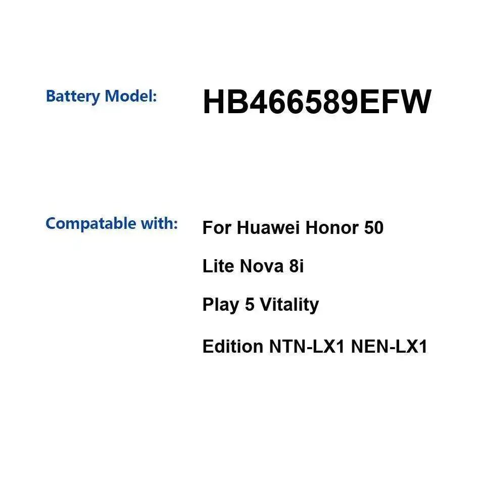 Reliable Power Mobile Phone Battery For Huawei Honor 50 Lite Nova 8I Play 5 Vitality Edition Ntn-LX1 Nen-LX1 4300Mah HB466589EFW
Reliable Power Mobile Phone Battery For Huawei Honor 50 Lite Nova 8I Play 5 Vitality Edition Ntn-LX1 Nen-LX1 4300Mah HB466589EFW