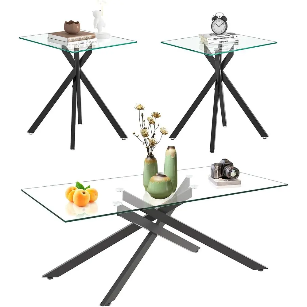 3-Piece Tempered Glass Coffee Table Set with 2 Square Side Tables, Modern Living Room Furniture with Clear Glass Tops and Black
3-Piece Tempered Glass Coffee Table Set with 2 Square Side Tables, Modern Living Room Furniture with Clear Glass Tops and Black