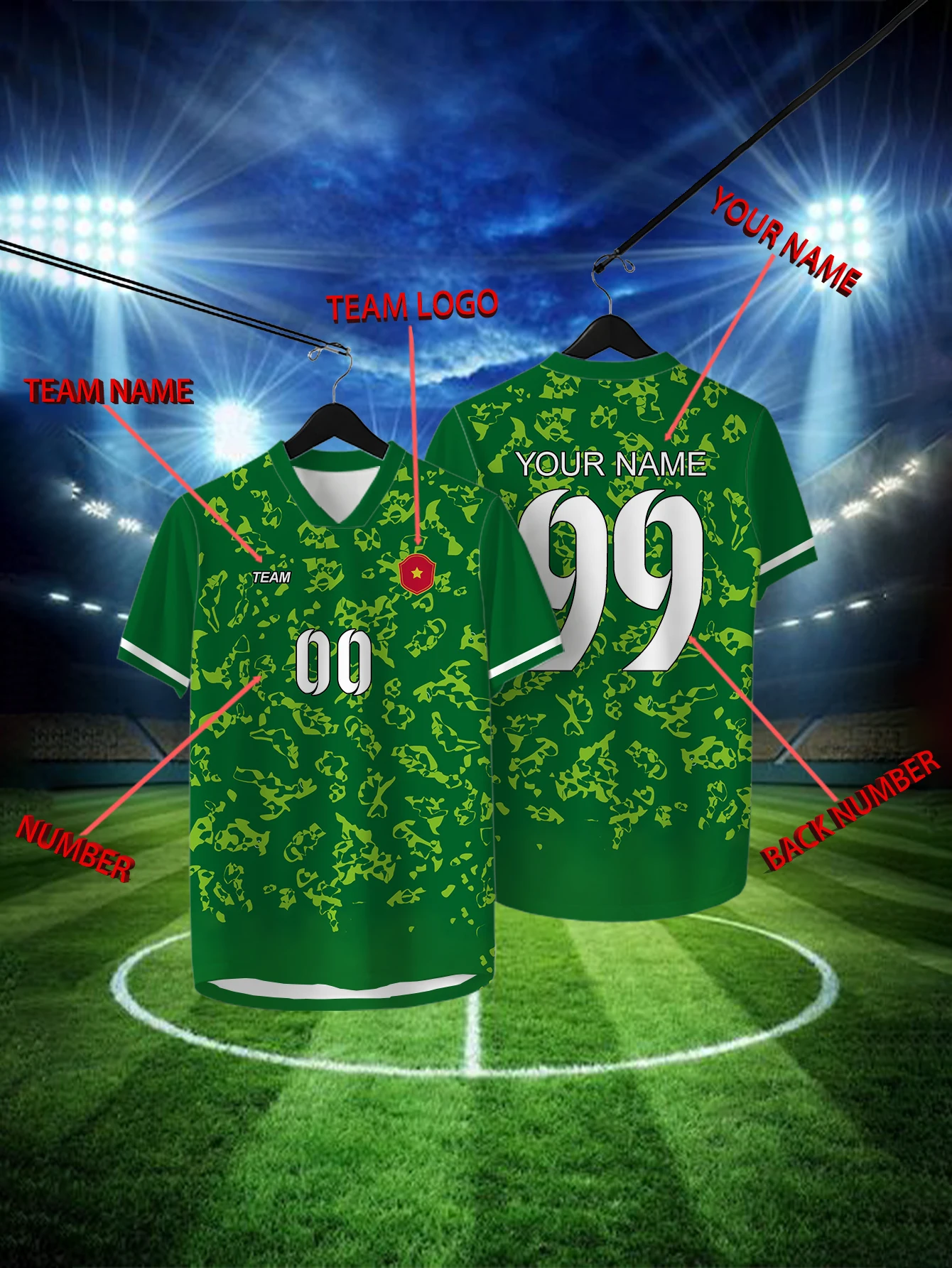 Customized Geometric Green Short Sleeved Shirt with Team Name, Emblem, Name and Number, Outdoor Sports Short Sleeved T-shirt
Customized Geometric Green Short Sleeved Shirt with Team Name, Emblem, Name and Number, Outdoor Sports Short Sleeved T-shirt