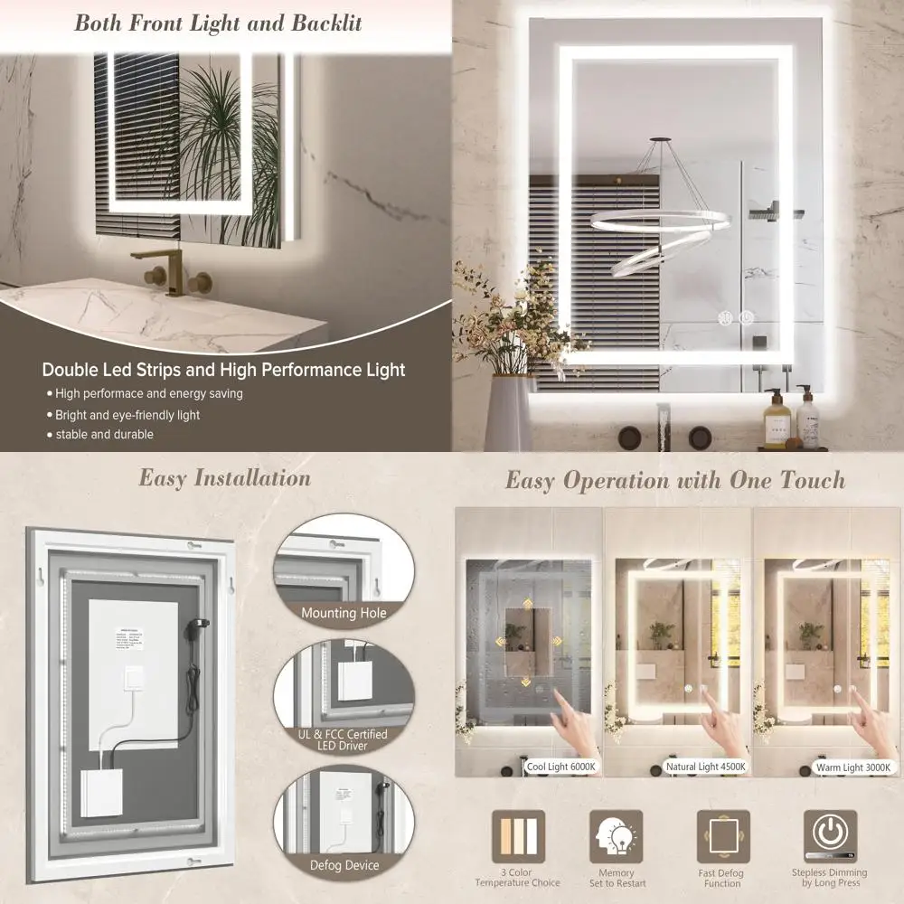 36x28 Dimmable LED Vanity Mirror, Anti-Fog, Front & Backlit, Tempered Glass, Memory Function
36x28 Dimmable LED Vanity Mirror, Anti-Fog, Front & Backlit, Tempered Glass, Memory Function