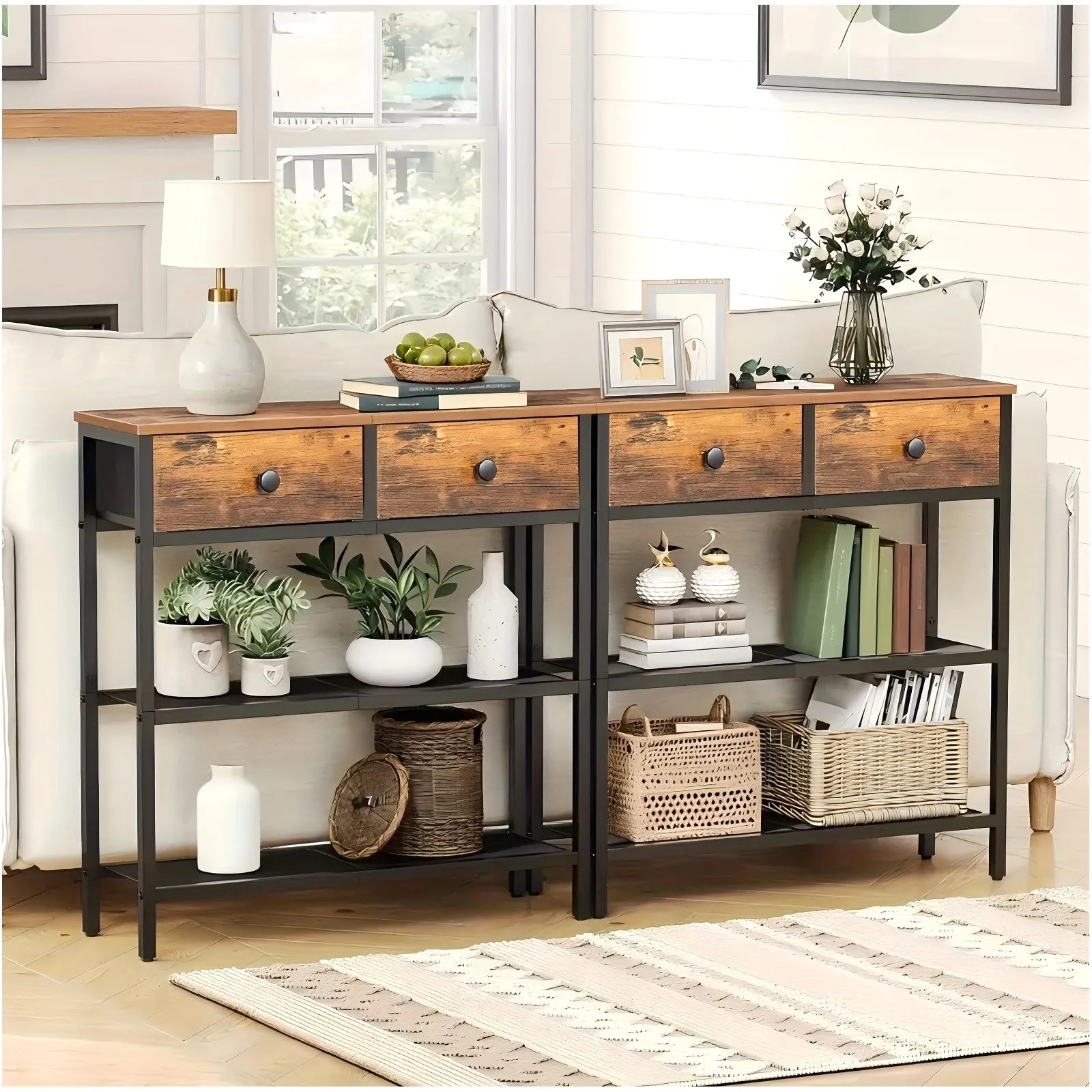 29.5-inch Narrow Console Table with 2 Fabric-Handled Drawers, 3-Tier Open Shelving, Rustic Brown & Black Finish – Space-Saving Sofa Table for Living Room, Entryway, or Hallway Use
29.5-inch Narrow Console Table with 2 Fabric-Handled Drawers, 3-Tier Open Shelving, Rustic Brown & Black Finish – Space-Saving Sofa Table for Living Room, Entryway, or Hallway Use