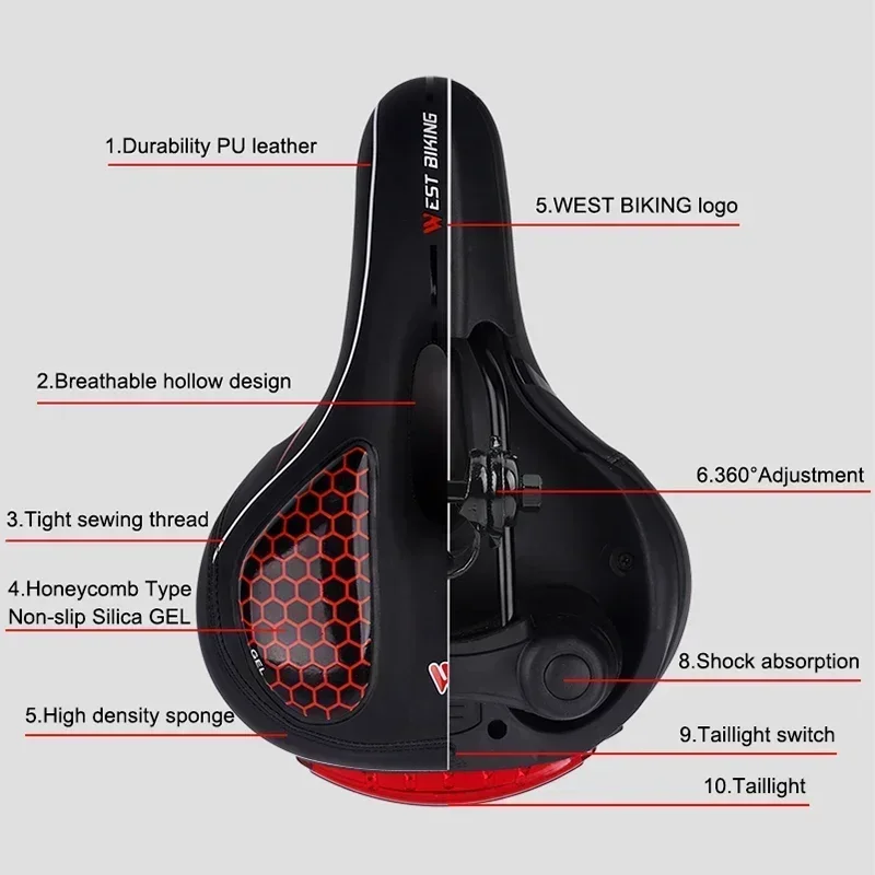 WEST BIKING One-piece Design With Tail Light Bicycle Saddle Thickened Silicone Cozy Ride Waterproof Leather MTB Road Bike Seat
WEST BIKING One-piece Design With Tail Light Bicycle Saddle Thickened Silicone Cozy Ride Waterproof Leather MTB Road Bike Seat