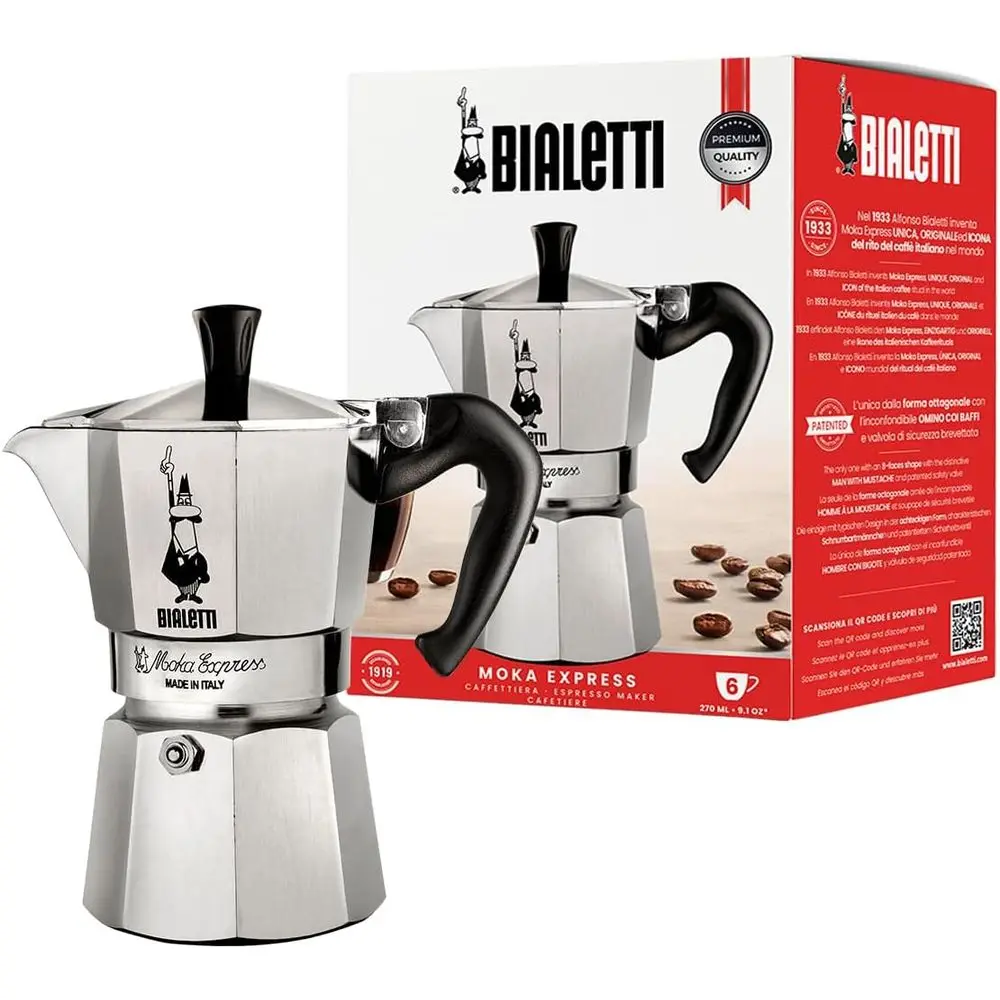 Stovetop Espresso Maker, 6-Cup Capacity, Natural Silver Finish
Stovetop Espresso Maker, 6-Cup Capacity, Natural Silver Finish