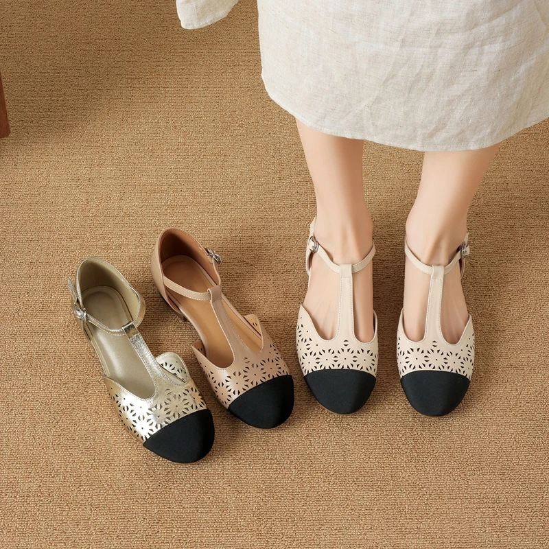 Women's new summer leather cowhide low heel round toe color blocked hollow breathable loose buckle toe fashion shoes sandals
Women's new summer leather cowhide low heel round toe color blocked hollow breathable loose buckle toe fashion shoes sandals