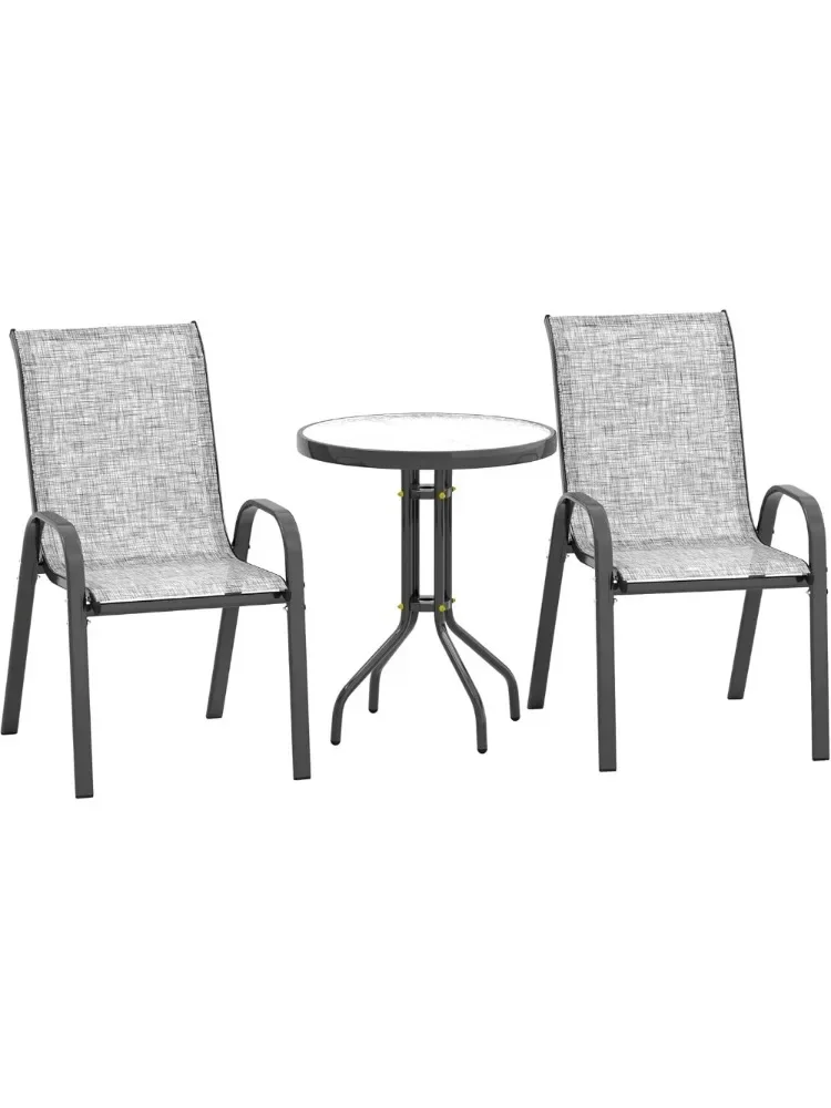 3 Pieces Outdoor Bistro Set, Small Patio Set with Stackable Mesh Chairs and Glass Top Table, High Back Patio Furniture Set
3 Pieces Outdoor Bistro Set, Small Patio Set with Stackable Mesh Chairs and Glass Top Table, High Back Patio Furniture Set