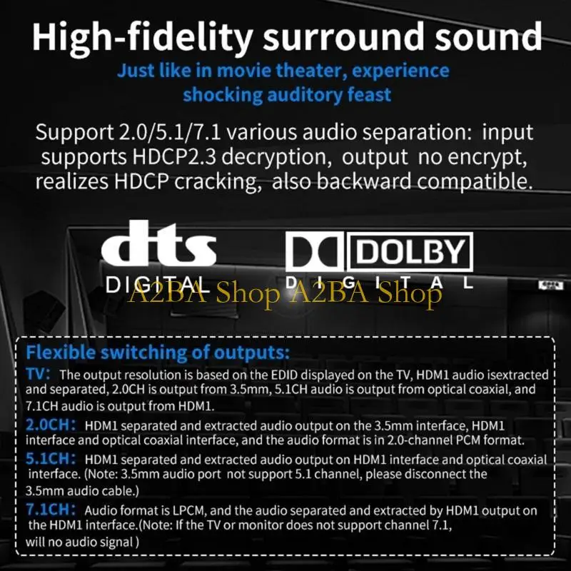 A2BA HD375 Extractor 5.1ch Splitter eARC Dual Mode 2 In 1Out HDMI-2.0
A2BA HD375 Extractor 5.1ch Splitter eARC Dual Mode 2 In 1Out HDMI-2.0