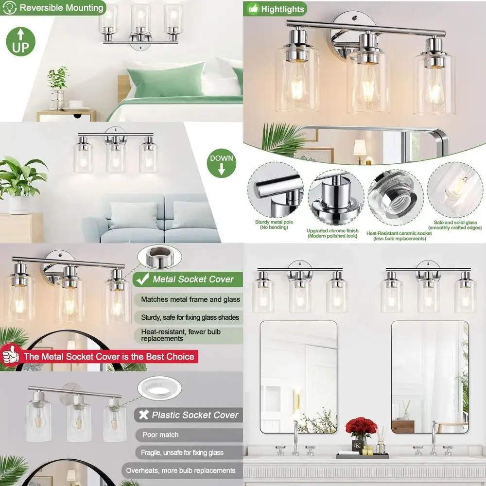 3-Light Chrome Wall Fixture with Clear Glass Shades for Bathroom, Kitchen, Living Room, and Hallway
3-Light Chrome Wall Fixture with Clear Glass Shades for Bathroom, Kitchen, Living Room, and Hallway