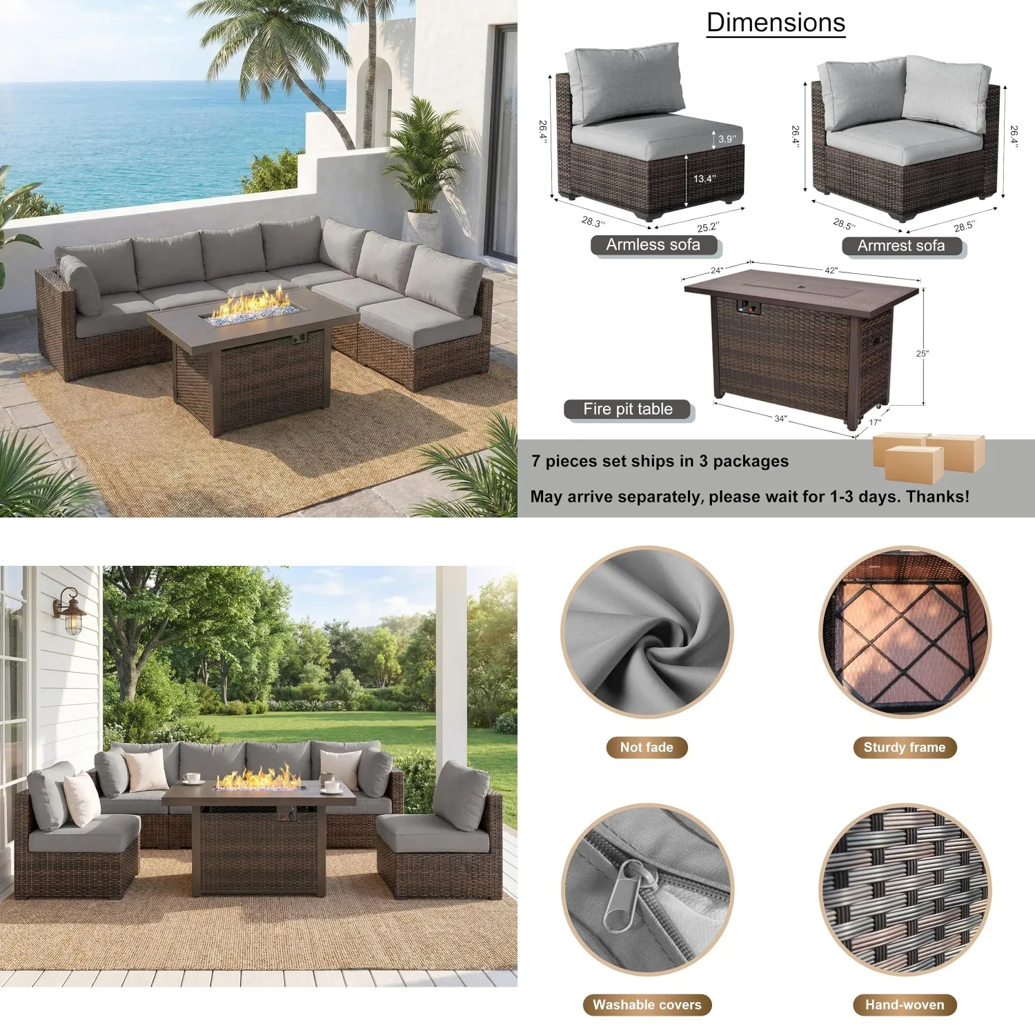 7 Piece Outdoor Patio Wicker Sectional Sofa Set 42" Fire Pit Comfortable Cushions Weather Resistant Grey, Customized
7 Piece Outdoor Patio Wicker Sectional Sofa Set 42" Fire Pit Comfortable Cushions Weather Resistant Grey, Customized