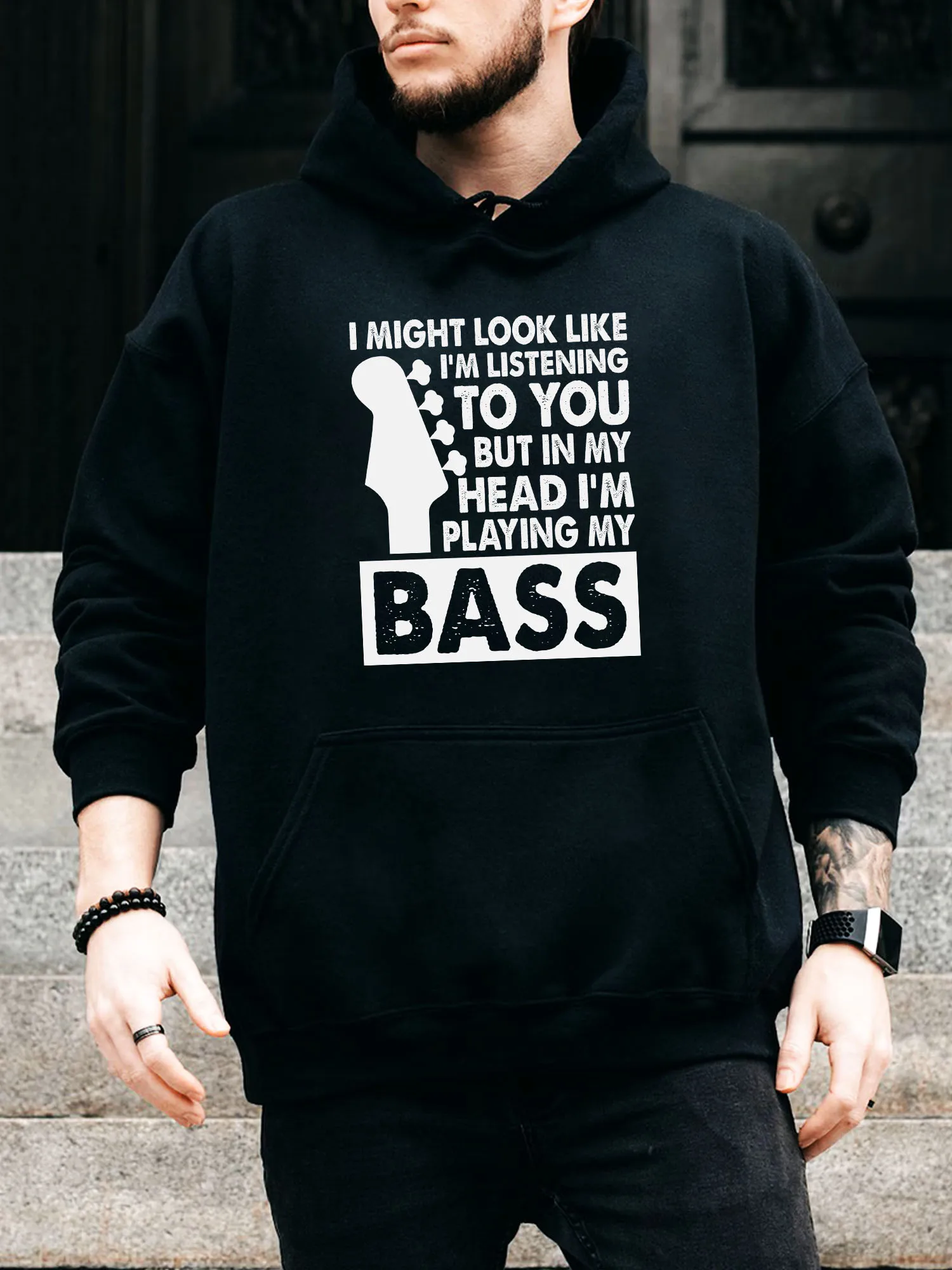 Bass Guitar Player Men's Drawstring Hoodie - Casual Comfortable Black Pullover, Fall & Winter Hooded Sweatshirt
Bass Guitar Player Men's Drawstring Hoodie - Casual Comfortable Black Pullover, Fall & Winter Hooded Sweatshirt