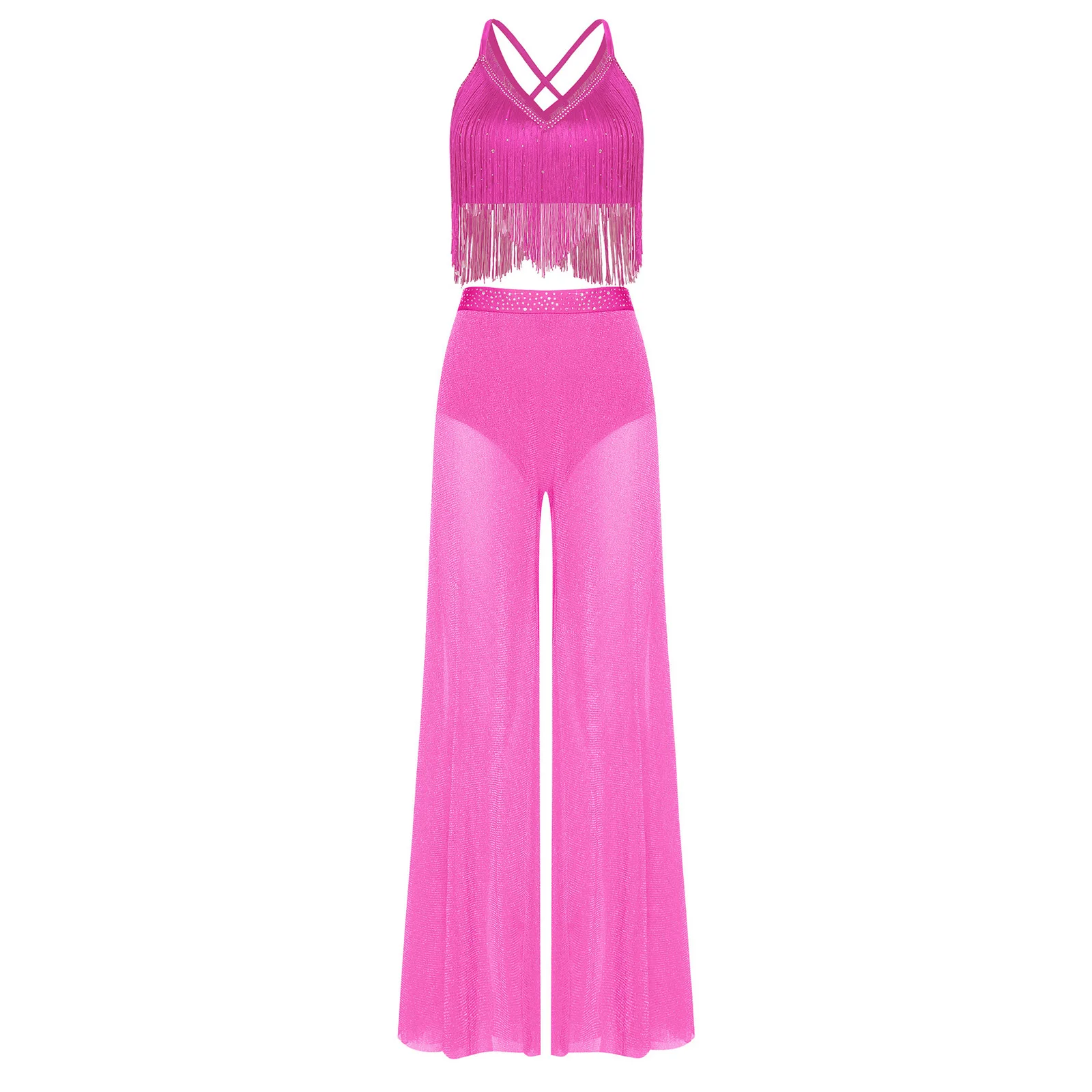 Womens Lyrical Dance Outfit V-neck Sleeveless Back Crossing Fringed Crop Top and Mesh Wide Leg Pants Set Modern Dance Costume
Womens Lyrical Dance Outfit V-neck Sleeveless Back Crossing Fringed Crop Top and Mesh Wide Leg Pants Set Modern Dance Costume