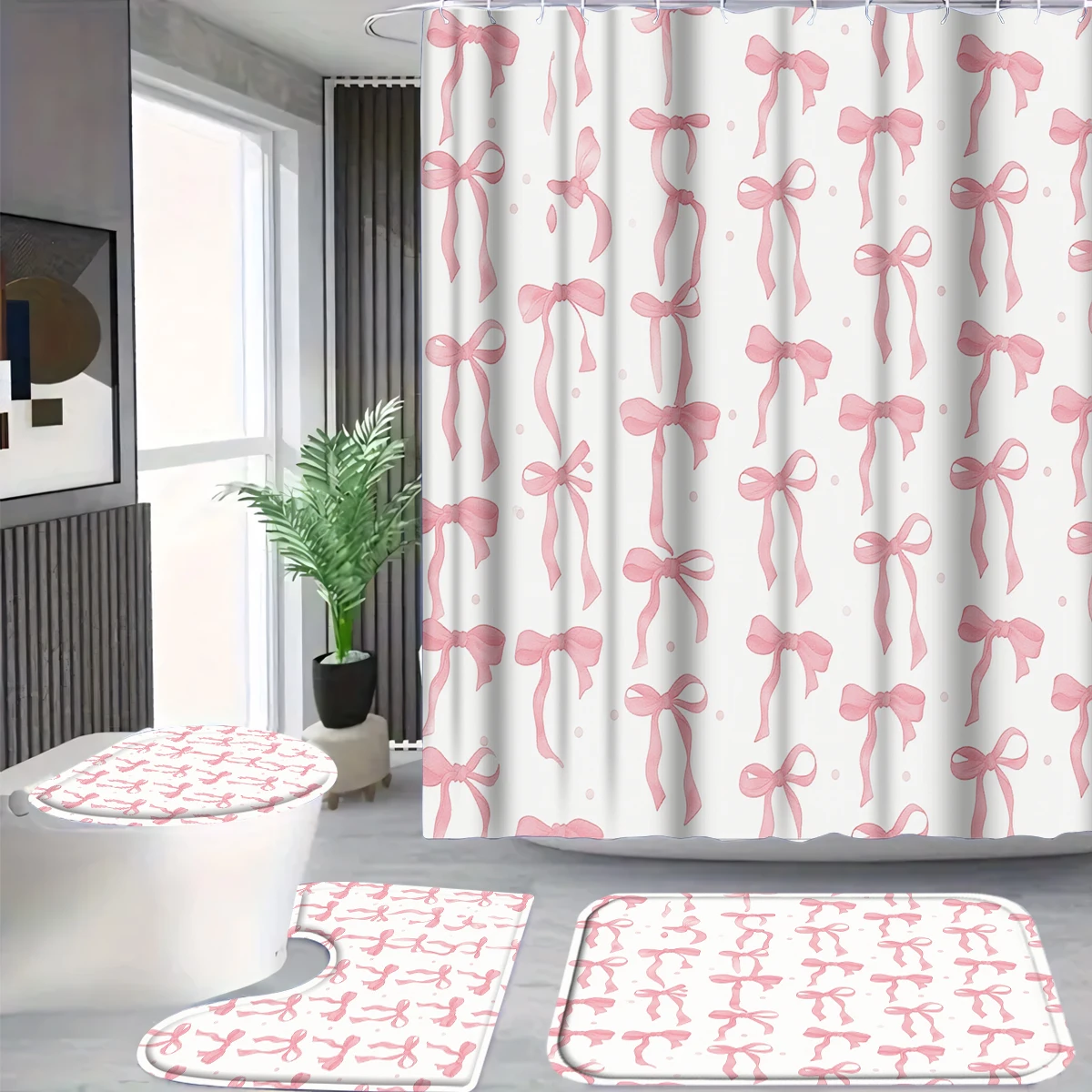4Pcs Pink Coquette Bow Shower Curtain Set with Hooks, Cute Girly Polka Dot Print Waterproof Mildew Resistant Fabric Bath Mat for Family Bathroom Home Decor
4Pcs Pink Coquette Bow Shower Curtain Set with Hooks, Cute Girly Polka Dot Print Waterproof Mildew Resistant Fabric Bath Mat for Family Bathroom Home Decor