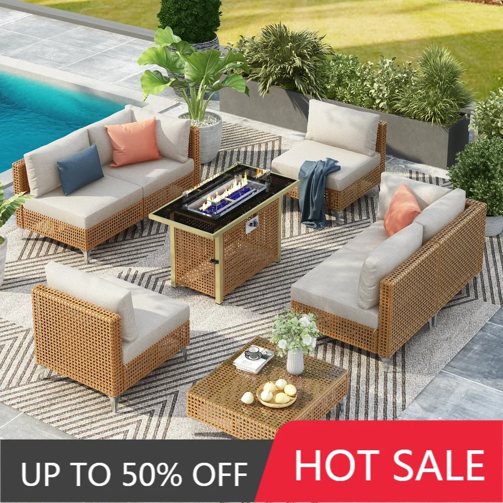 8 Piece Patio Furniture Set with 43" Fire Pit Table,Coffee Table and Thickened Cushions,Modern Outside Sofa for Balcony Backyard
8 Piece Patio Furniture Set with 43" Fire Pit Table,Coffee Table and Thickened Cushions,Modern Outside Sofa for Balcony Backyard
