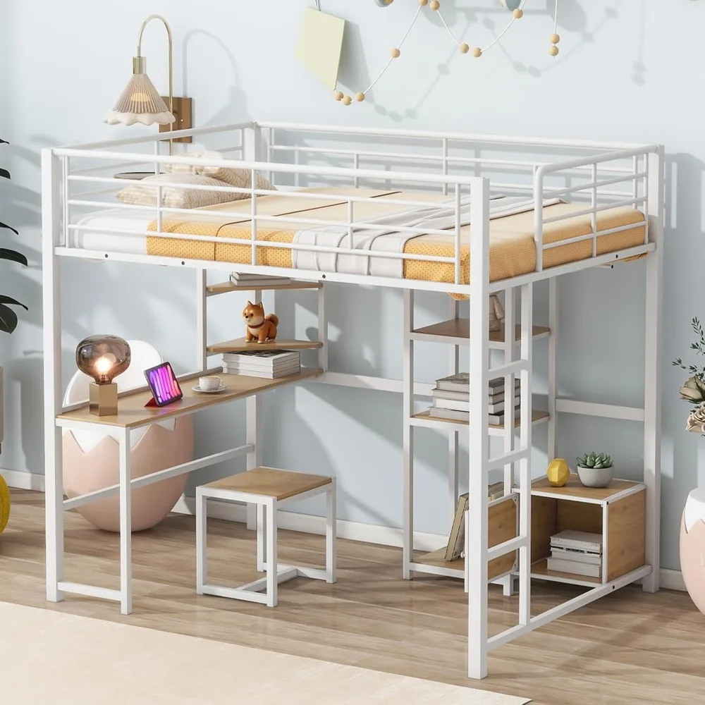 Full Size Loft Bed with Desk and Stool, Metal Loft Bed Frame with Open-Style Wardrobe, Multi-Functional Loft Bed with Shelves an
Full Size Loft Bed with Desk and Stool, Metal Loft Bed Frame with Open-Style Wardrobe, Multi-Functional Loft Bed with Shelves an