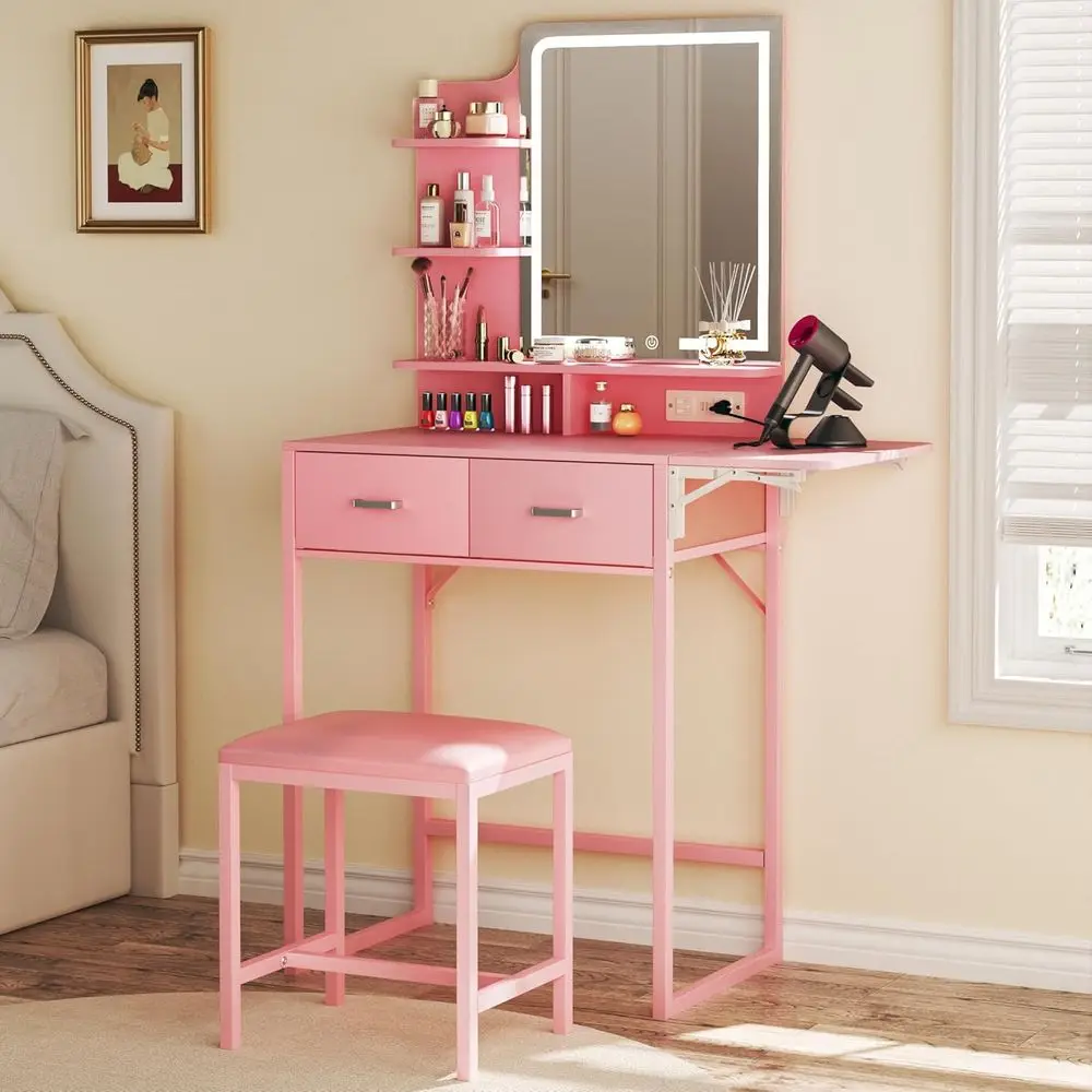 Compact Makeup Vanity Desk with Mirror, Lights, Fabric Storage, Chair, and Shelves for Bedroom
Compact Makeup Vanity Desk with Mirror, Lights, Fabric Storage, Chair, and Shelves for Bedroom