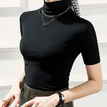 S-3XL 여성용 하프 터틀넥 베이스 심플 티셔츠, 슬림 소프트 반팔 티셔츠, 레이디 메쉬 우아한 신축성 상의, 여성 티