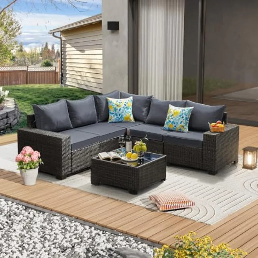 Patio Furniture: All-Weather Wicker Sectional Sofa in Beige with UV-Resistant Cushions and Tempered Glass Table for Porch or Po
Patio Furniture: All-Weather Wicker Sectional Sofa in Beige with UV-Resistant Cushions and Tempered Glass Table for Porch or Po