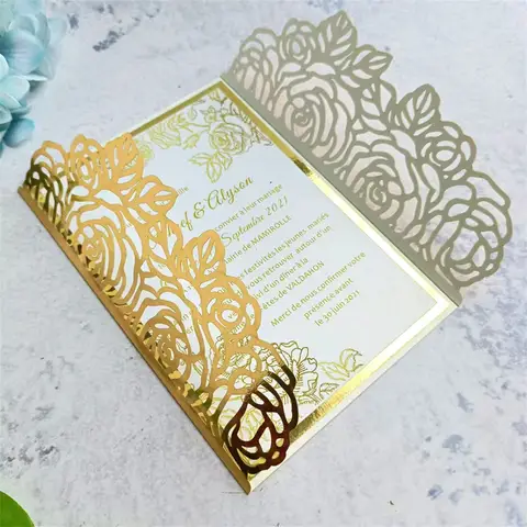Metallic Gold Invitation Rose Laser Cut Card For Wedding Engagement Birthday Party Greeting Card 50 sets