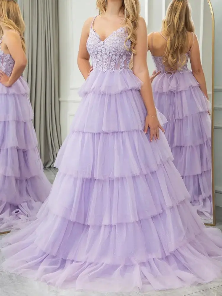 Customized Lilac Prom Dress 2025 V Neck Lace Tulle A Line Layers Floor Length Women Formal Evening Dress Wedding Party Gown New
Customized Lilac Prom Dress 2025 V Neck Lace Tulle A Line Layers Floor Length Women Formal Evening Dress Wedding Party Gown New