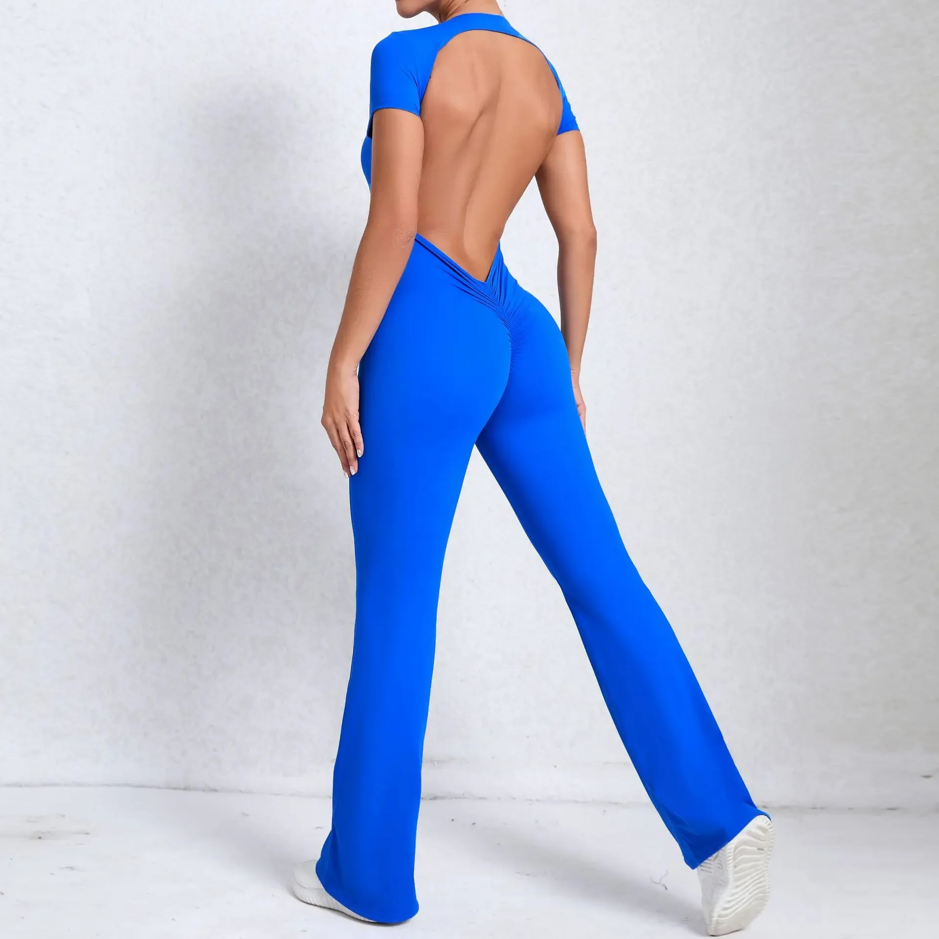 

Seamless Yoga Jumpsuits Sports Fitness Hip-lifting Backless Short-Sleeved Nude Feel Horn Leggings One-Piece Tracksuits for Women