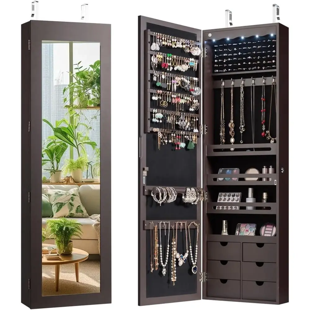 Wall Door Mounted Jewelry Cabinet with Full Length Mirror, Lockable Over Door Jewelry Armoire with LED Lights, 47.5" Large Jewel
Wall Door Mounted Jewelry Cabinet with Full Length Mirror, Lockable Over Door Jewelry Armoire with LED Lights, 47.5" Large Jewel