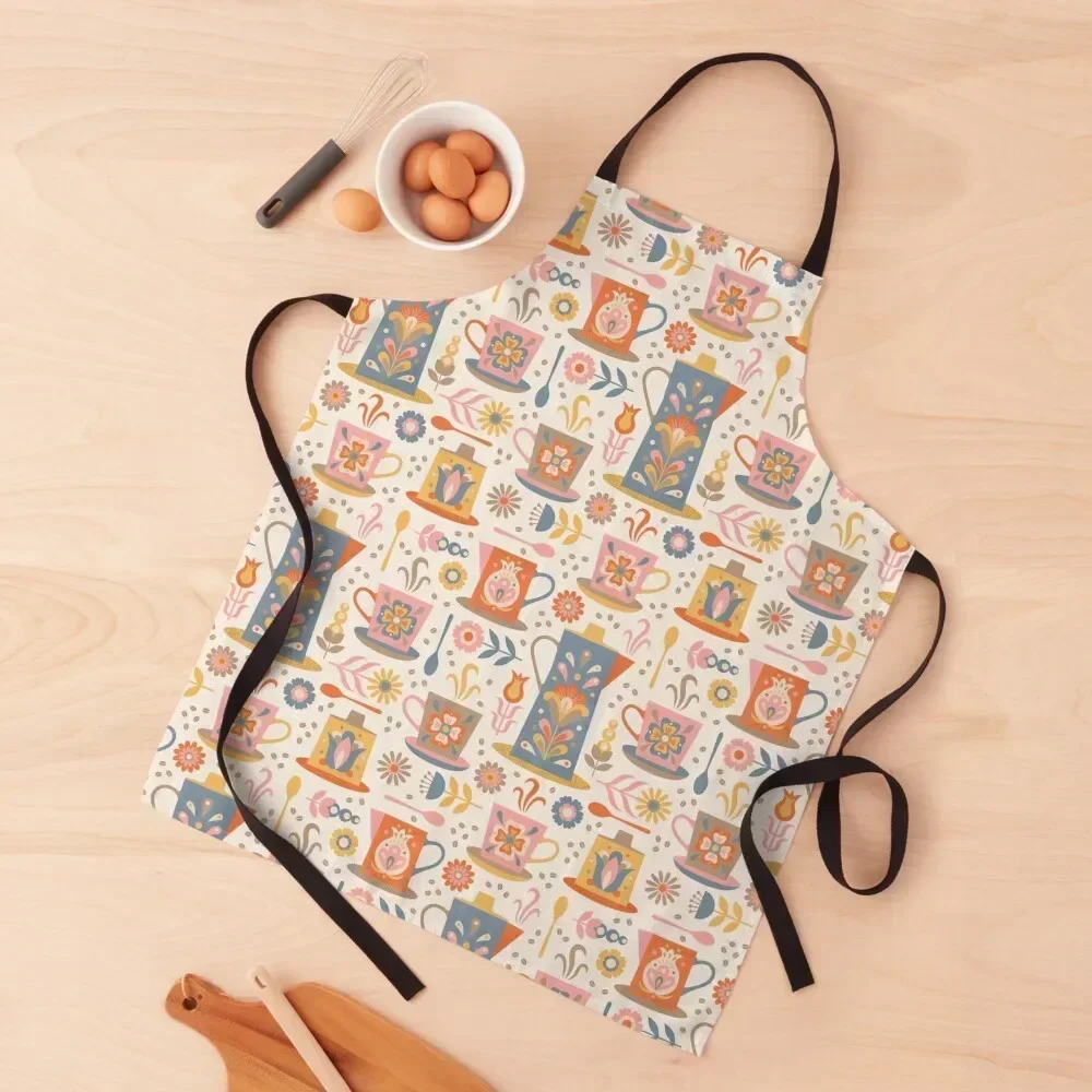 Scandinavian Coffee Break featuringfloral folk art decorated coffee pots and cups in blue, orange, pink and yellow Apron
Scandinavian Coffee Break featuringfloral folk art decorated coffee pots and cups in blue, orange, pink and yellow Apron