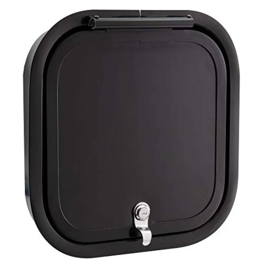 RV baggage door for camper compartment with rounded corners, black fiberglass, 13 W x 13 H, made in America
RV baggage door for camper compartment with rounded corners, black fiberglass, 13 W x 13 H, made in America