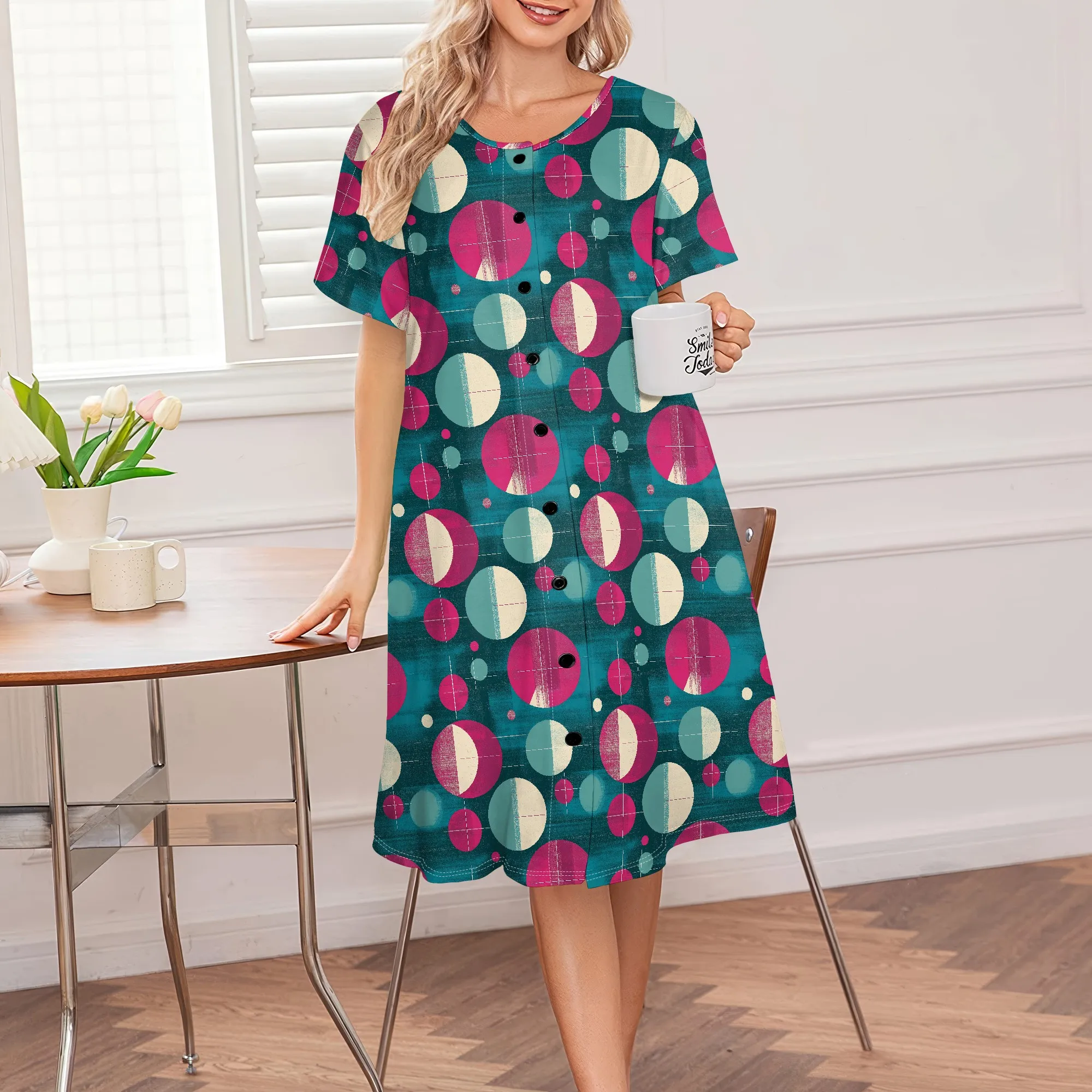 Comfortable House Dress for Women, Abstract Circle Print, Button Front, S-3XL Casual
Comfortable House Dress for Women, Abstract Circle Print, Button Front, S-3XL Casual