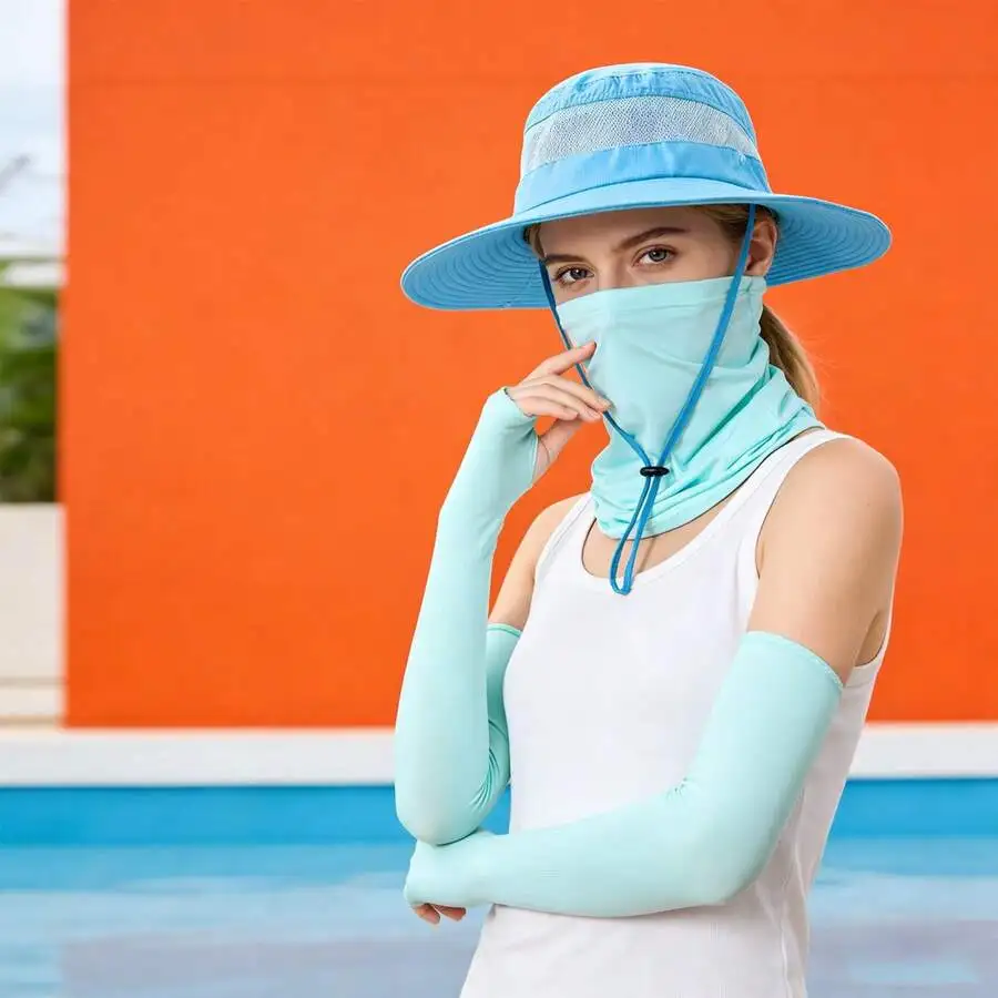 3Pcs Women Sun Protection Set: High Ponytail Bucket Hat, UV Face Mask, Cooling Arm Sleeves For Beach Travel Hiking
3Pcs Women Sun Protection Set: High Ponytail Bucket Hat, UV Face Mask, Cooling Arm Sleeves For Beach Travel Hiking