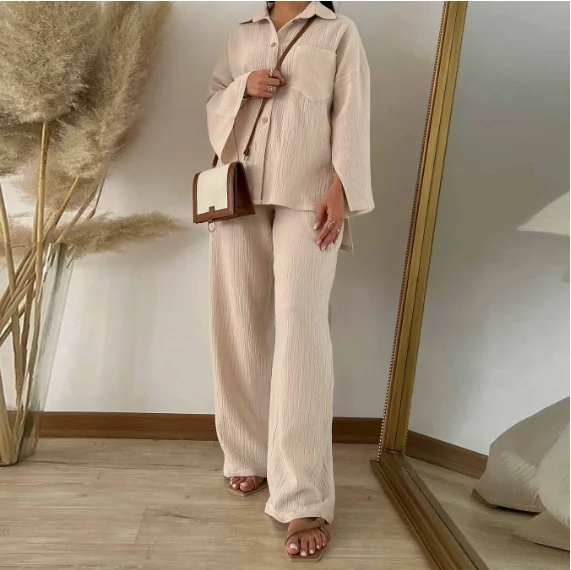 Fashion Wrinkled Fabric Long Sleeved Shirt Top and High Waisted Wide Leg Pants Set for Women's Spring and Summer Casual Wear
Fashion Wrinkled Fabric Long Sleeved Shirt Top and High Waisted Wide Leg Pants Set for Women's Spring and Summer Casual Wear