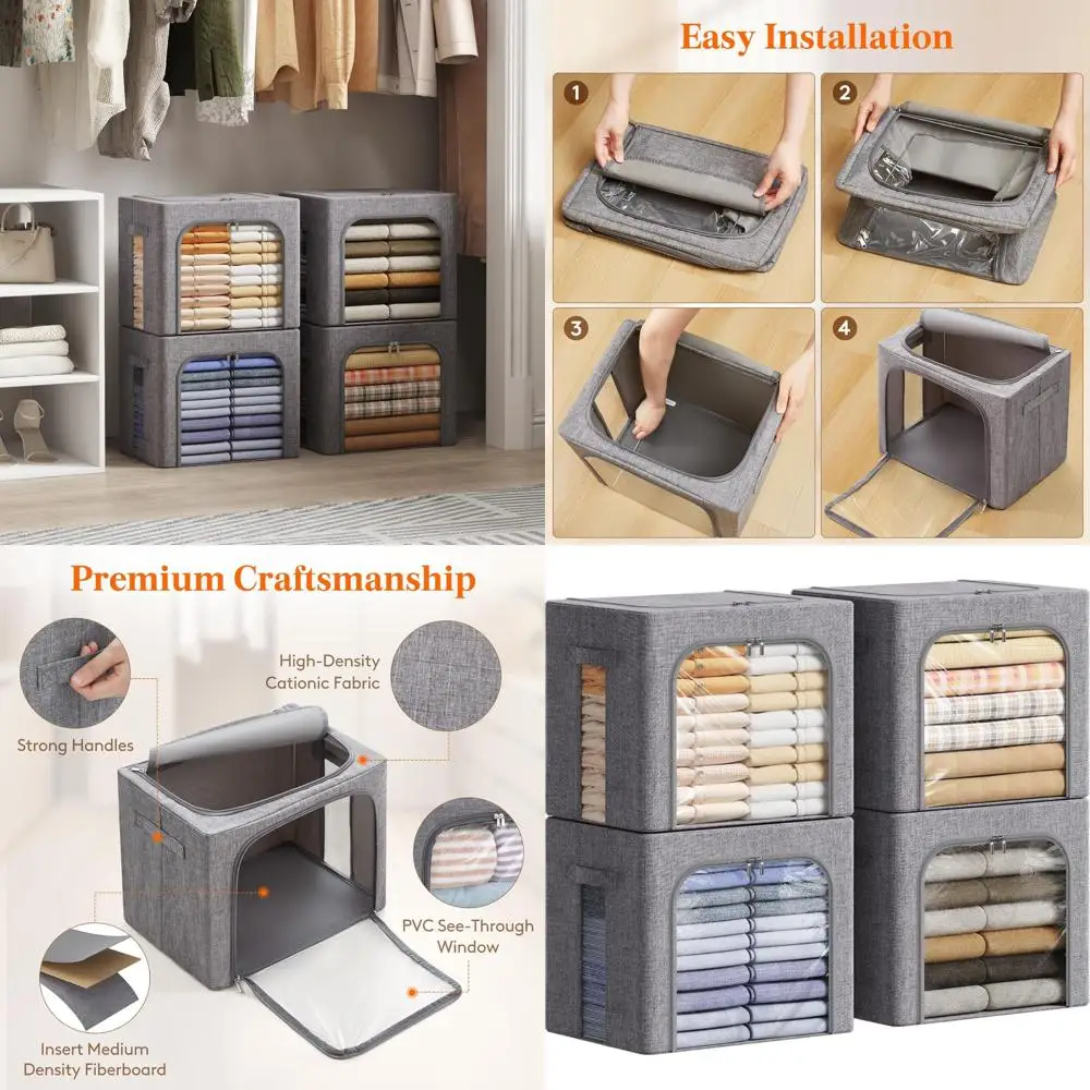 Metal Framed Stackable Fabric Storage Bins, 40L Foldable Boxes with Clear View & Zippered Lids, 4-Pack Organizers with Handles
Metal Framed Stackable Fabric Storage Bins, 40L Foldable Boxes with Clear View & Zippered Lids, 4-Pack Organizers with Handles