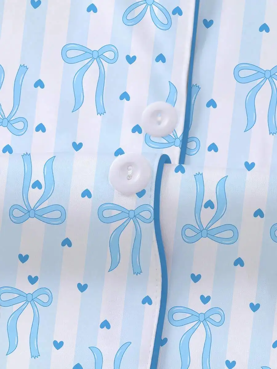 Womens 2-Piece Pajama Set With Blue Bow Print, Loose Short Sleeve Top And Shorts, Soft Polyester Sleepwear For Home
Womens 2-Piece Pajama Set With Blue Bow Print, Loose Short Sleeve Top And Shorts, Soft Polyester Sleepwear For Home