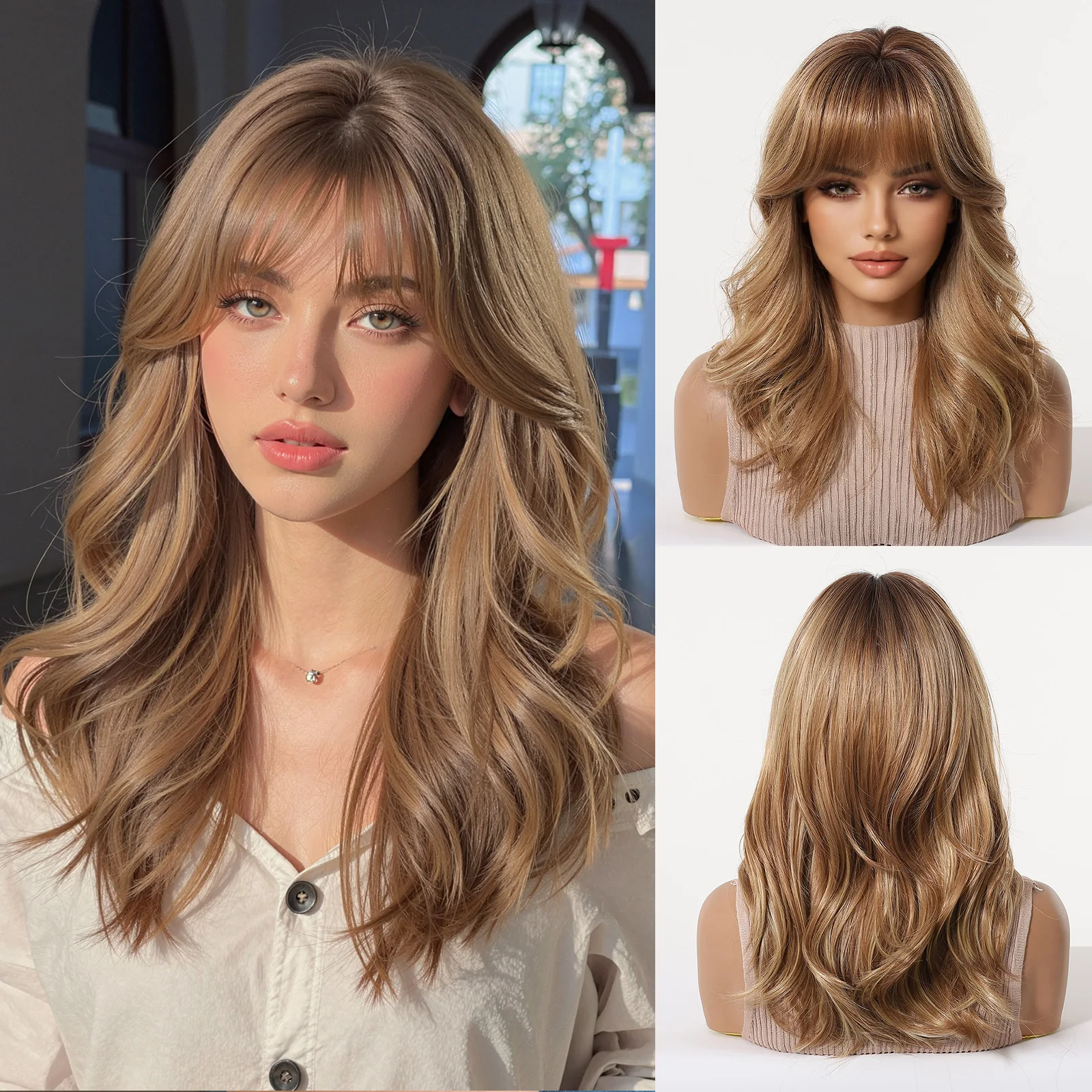 Long Wavy Brown Highlight Wig with Bangs for Women Caramel Brown Highlight Wig Synthetic Hair Heat Resistant Fiber Daily Wear
Long Wavy Brown Highlight Wig with Bangs for Women Caramel Brown Highlight Wig Synthetic Hair Heat Resistant Fiber Daily Wear