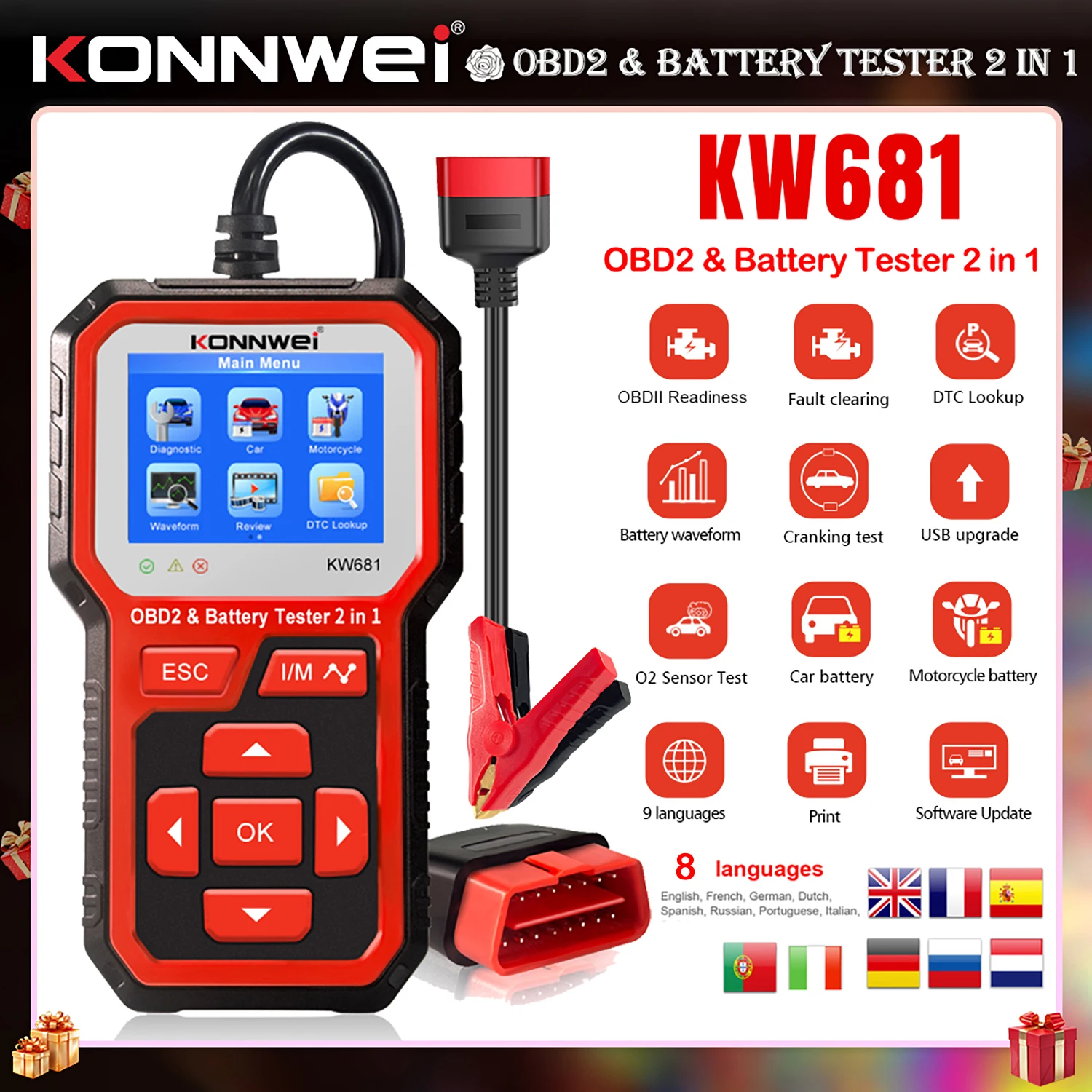 KONNWEI KW681 2 IN 1 OBD2 Scanner Battery Tester 6V 12V Car Motorcycle Diagnostic Tool CCA 100-2000 Full OBDII Function
KONNWEI KW681 2 IN 1 OBD2 Scanner Battery Tester 6V 12V Car Motorcycle Diagnostic Tool CCA 100-2000 Full OBDII Function