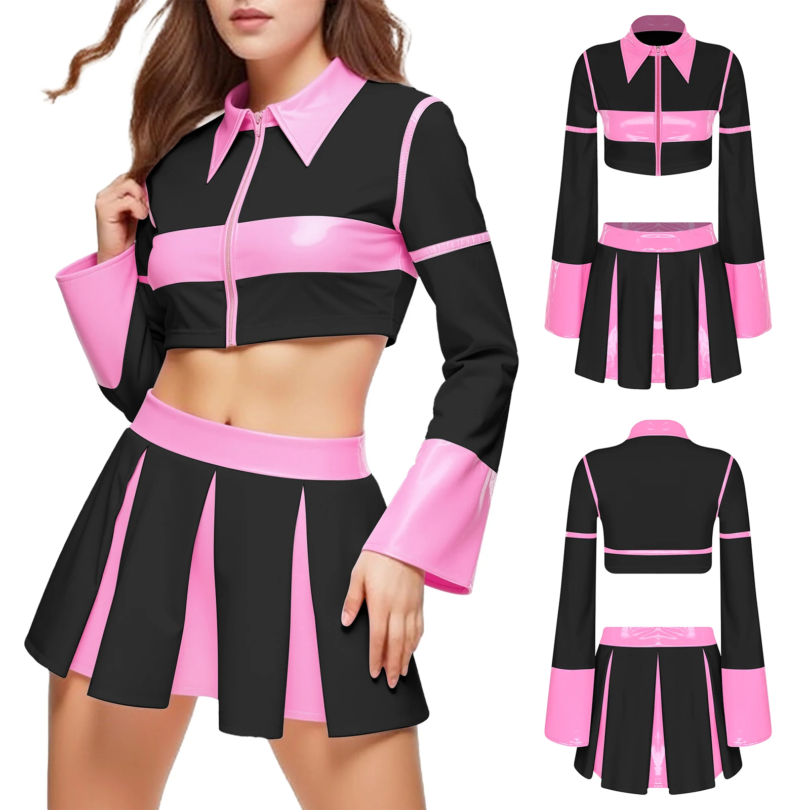 Women Fashion Schoolgirl Competition Cheerleading Dance Outfits Long Sleeve Leather Top And Pleated for Club Stage Cheering Wear
Women Fashion Schoolgirl Competition Cheerleading Dance Outfits Long Sleeve Leather Top And Pleated for Club Stage Cheering Wear