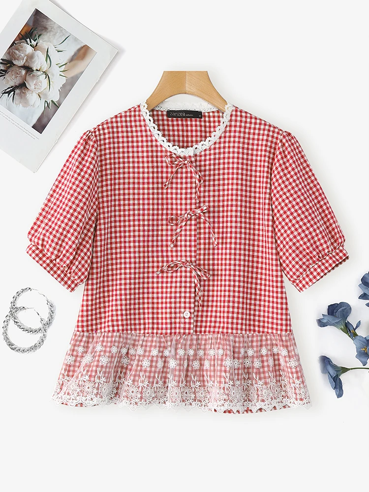 2025 Elegant Short Sleeve Work Shirts ZANZEA Women Summer Checked Blouse Casual O Neck Patchwork Blusas Holiday Tops Oversize
2025 Elegant Short Sleeve Work Shirts ZANZEA Women Summer Checked Blouse Casual O Neck Patchwork Blusas Holiday Tops Oversize