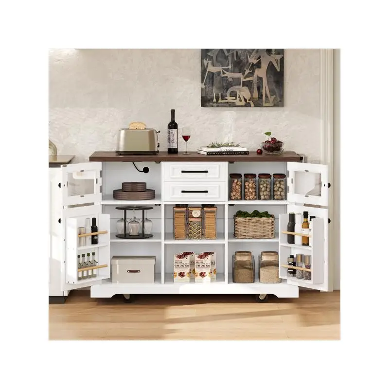 54.9" Kitchen Island with Drop Leaf, Power Outlet, Storage Cart, 4 Door Shelves, Barn Doors, Glass Door, Rolling on Wheels for
54.9" Kitchen Island with Drop Leaf, Power Outlet, Storage Cart, 4 Door Shelves, Barn Doors, Glass Door, Rolling on Wheels for