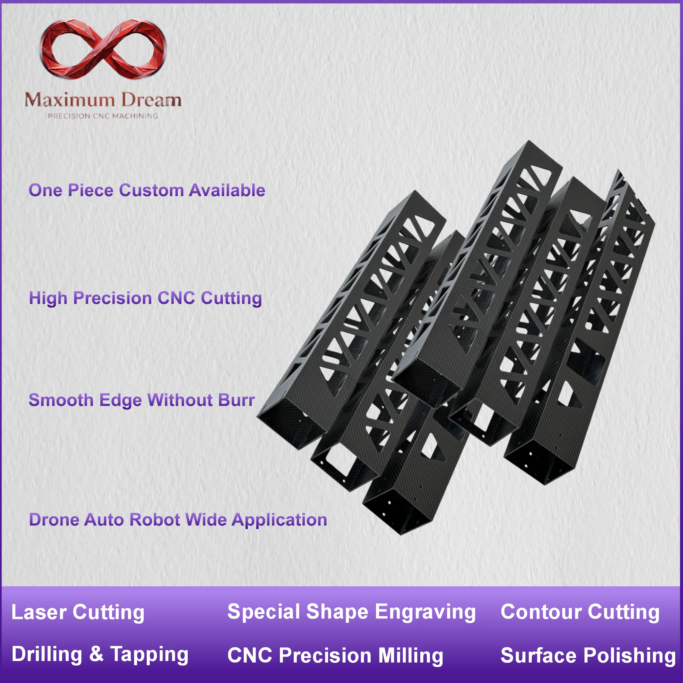Carbon Fiber Square Tube Custom CNC Cutting Milling Machining Service for Robotics Industrial Model Structural Parts
Carbon Fiber Square Tube Custom CNC Cutting Milling Machining Service for Robotics Industrial Model Structural Parts